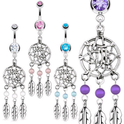 1pc Dream Catcher Beaded Feather CZ Gem Belly Ring Navel Naval