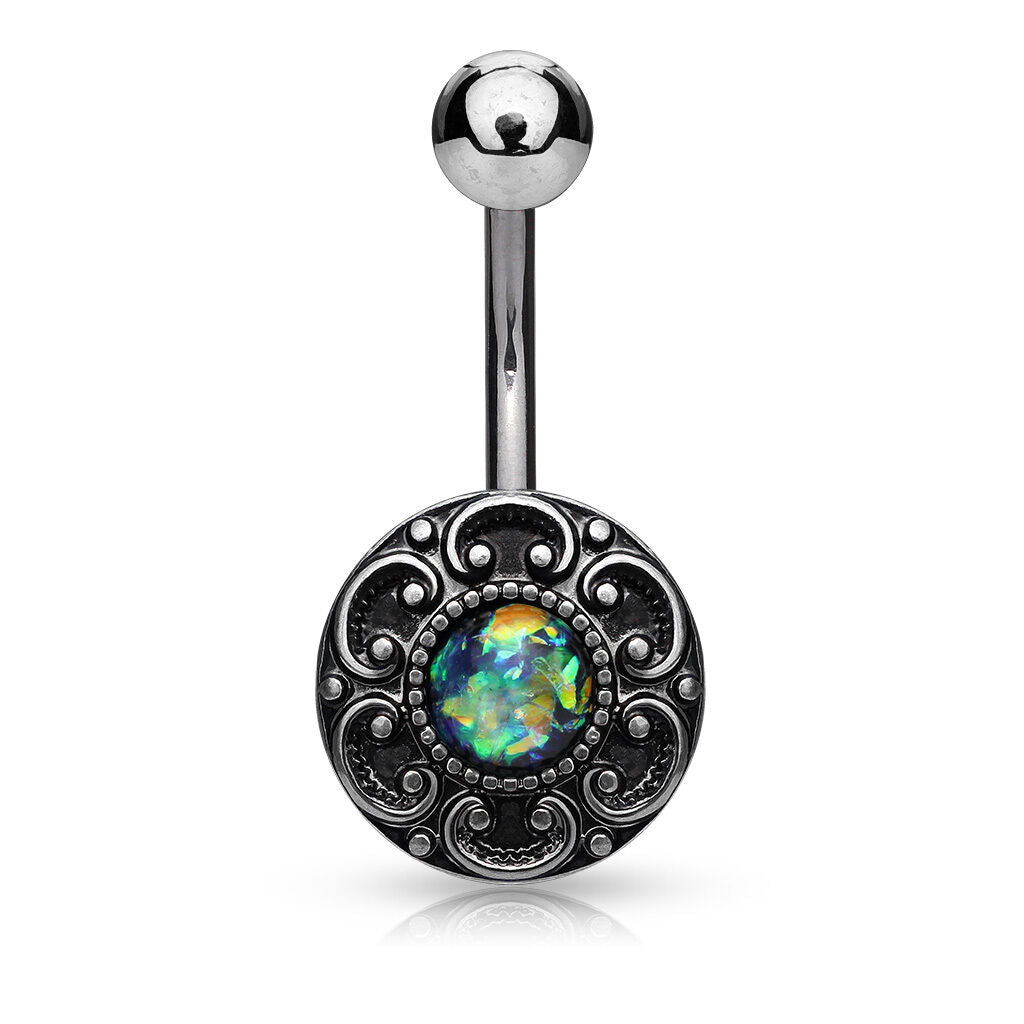 1pc Antique Silver Plated Heart Filigree w/ Opal Glitter Center Belly Navel Ring