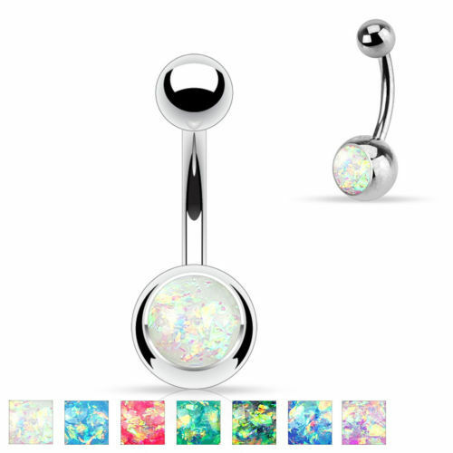 Solitaire Opal Glitter Gem Belly Ring 316L Surgical Steel Navel Naval