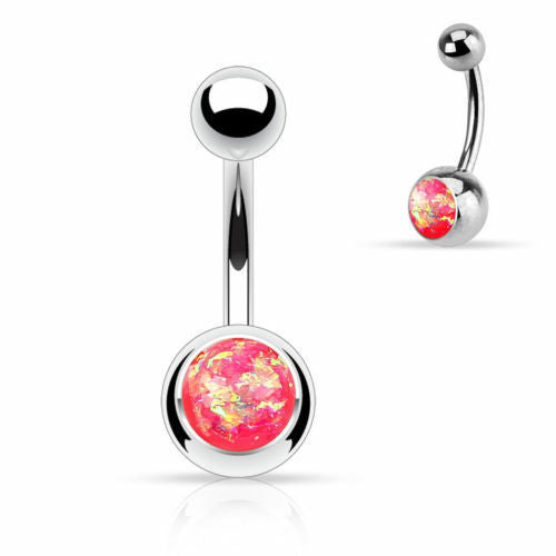 Solitaire Opal Glitter Gem Belly Ring 316L Surgical Steel Navel Naval