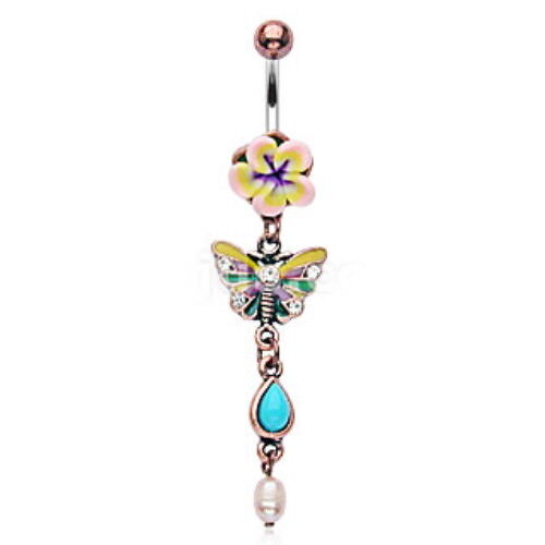 1pc Fimo Flower Vintage Belly Ring w/ Butterfly Dangle Navel Naval