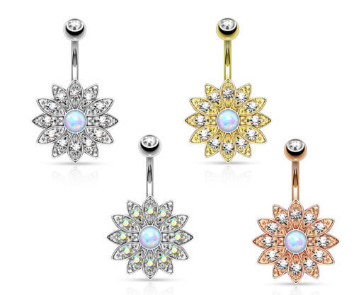 Paved Gems Flower Opal Belly Button Ring Pierced Navel IP 14kt Gold, Rose Gold