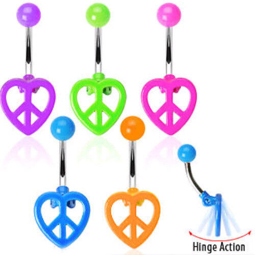 Neon Hinged Heart Peace Sign Belly Ring Navel Blue, Green, Orange, Pink, Purple
