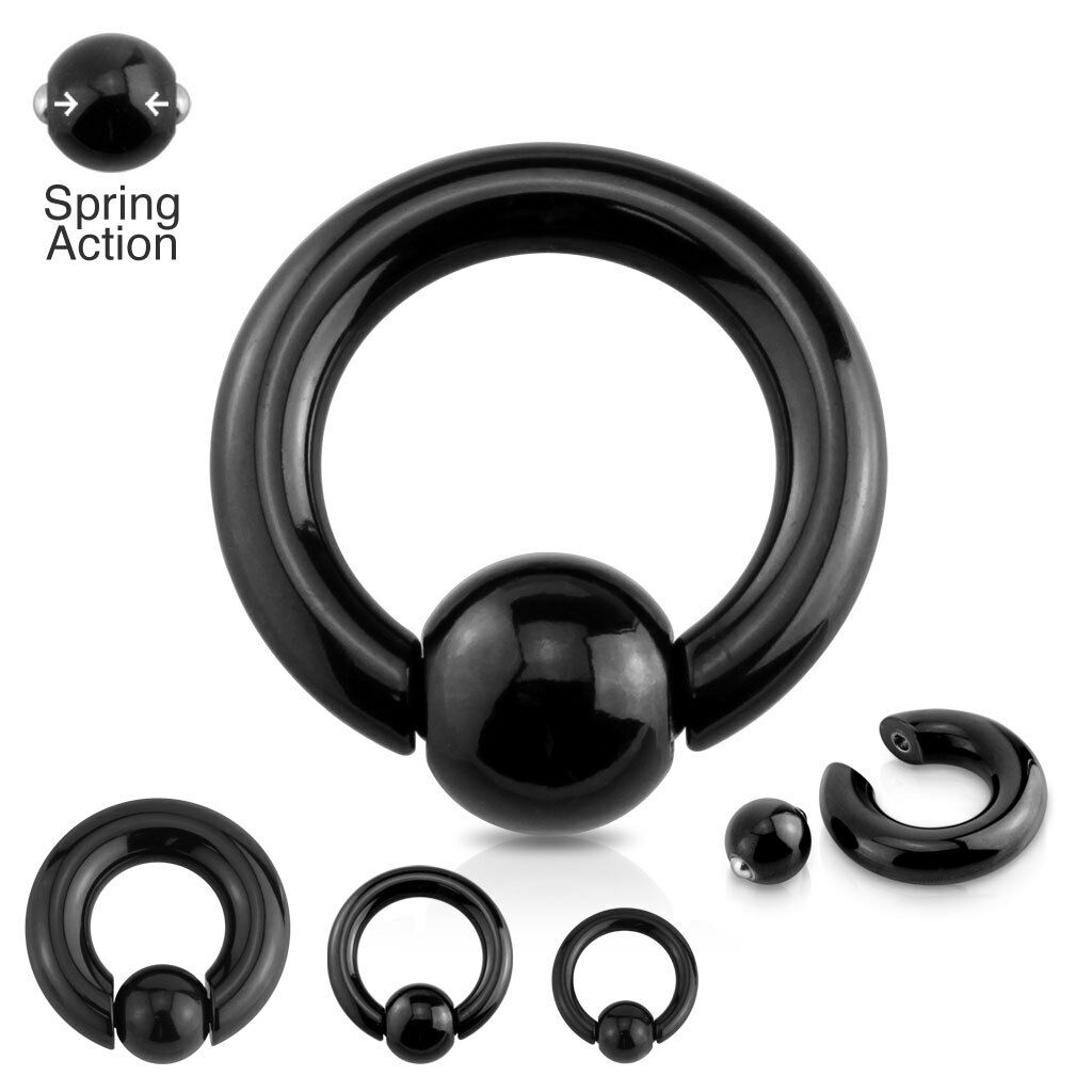 PAIR Black Plated Surgical Steel Spring-Loaded Captive Bead Rings Easy Pop Out
