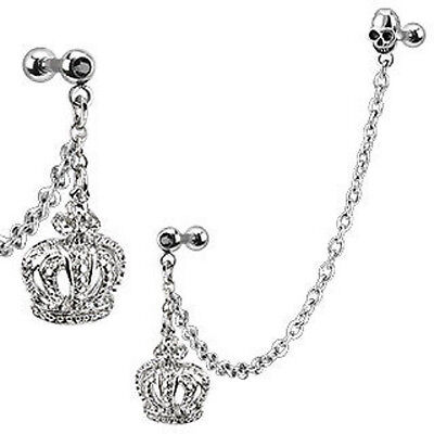 Steel Chain Linked Royal Crown Ring Gemmed Cartilage/Tragus/Helix Barbell